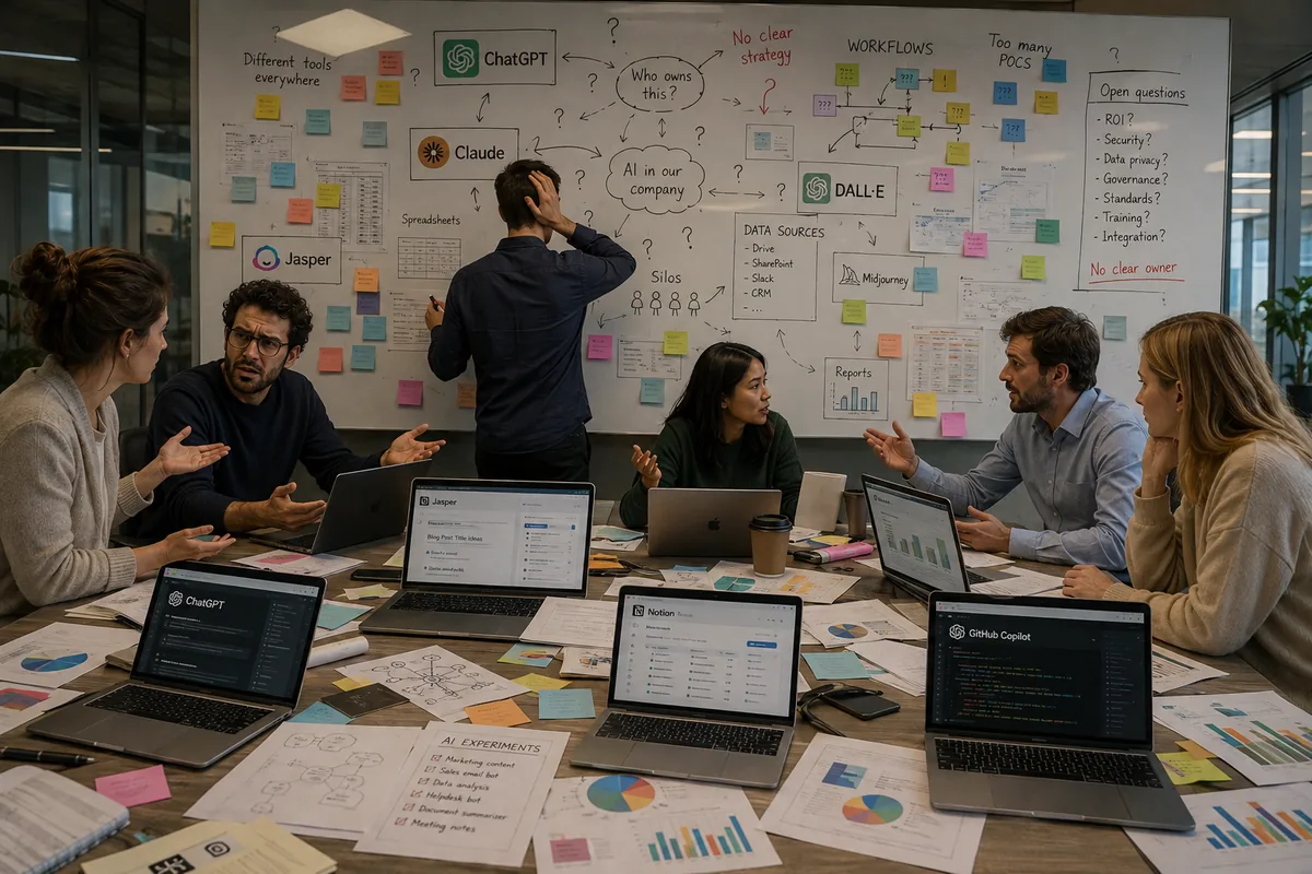 Besprechung an einem Tisch voller Laptops mit verschiedenen KI-Tools und ein Whiteboard mit der Frage, wem KI im Unternehmen gehört