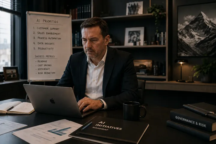 Führungskraft am Laptop im Büro, auf dem Flipchart eine Liste der KI-Prioritäten und Erfolgskennzahlen