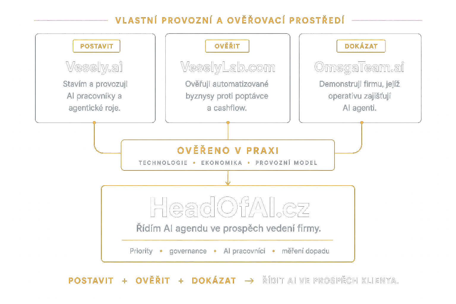 Vlastní provozní a ověřovací prostředí: Vesely.ai, VeselyLab.com a OmegaTeam.ai — ověřeno v praxi, řízeno ve prospěch klienta přes HeadOfAI.cz