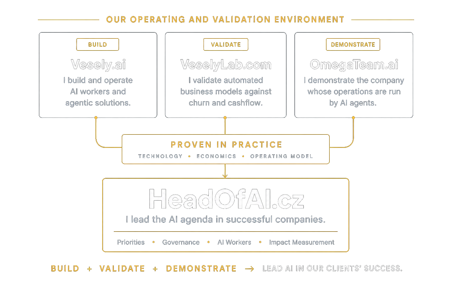 My own operating and validation environment: Vesely.ai, VeselyLab.com and OmegaTeam.ai — proven in practice, directed in the client's interest through HeadOfAI.cz